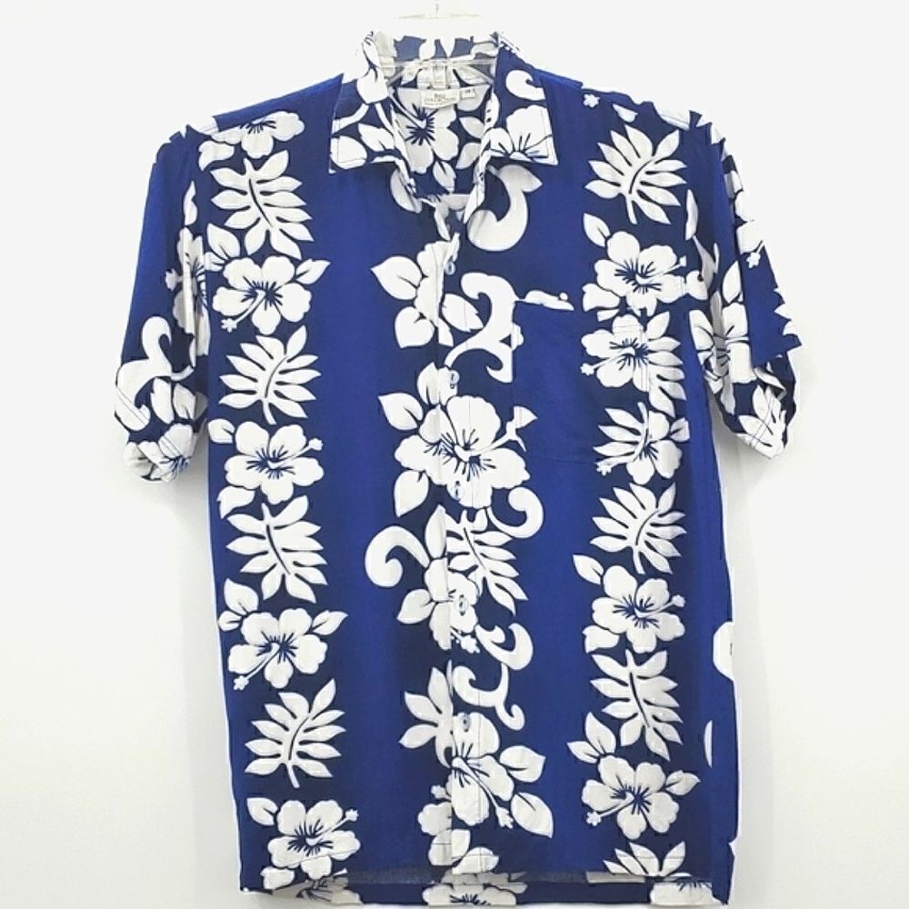 Bali Collection Passion Hawaiian Royal Navy Blue White Floral Hawaiian Shirt 14